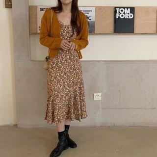 Scalloped Cardigan / Spaghetti Strap Floral Print Midi A-line Dress