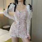 Plain V-neck Lace Slim-fit Long-sleeve Dress