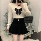 Long-sleeve Bow Lace Trim Blouse / Mini A-line Skirt