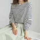 Balloon-sleeve Slit-cuff Stripe T-shirt