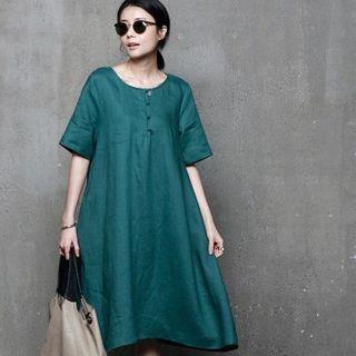 Half-placket A-line Linen Dress