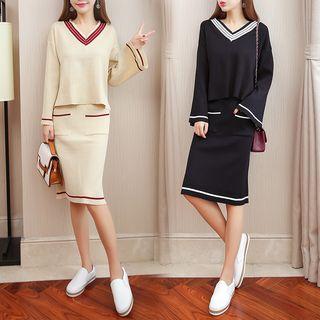 Set: V-neck Long-sleeve Knit Top + Midi Skirt
