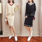 Set: V-neck Long-sleeve Knit Top + Midi Skirt