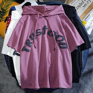 Short-sleeve Lettering Print Hooded T-shirt