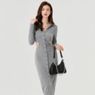 Long-sleeve Single-breasted Cutout Knit Midi Dress