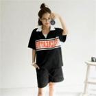 Set: Collared Zip-up Lettering Top + Sweat Shorts