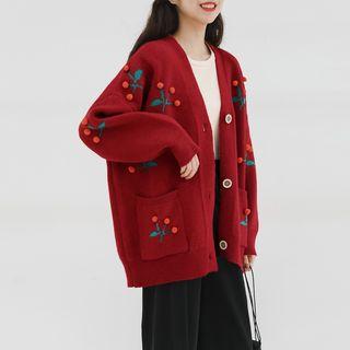 V-neck Cherry Applique Cardigan