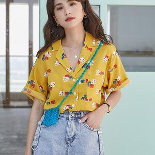 Elbow-sleeve Elephant Print Shirt