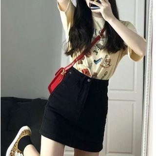 Short-sleeve Lettering T-shirt / Denim Mini Pencil Skirt / Set