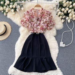 Mock Two-piece Print Short-sleeve Chiffon Panel Ruffle Dress