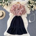 Mock Two-piece Print Short-sleeve Chiffon Panel Ruffle Dress
