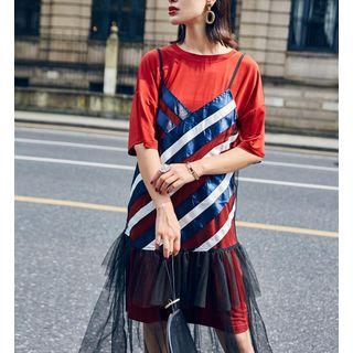 Set: Crew-neck Elbow-sleeve T-shirt Dress + V-neck Midi Mesh Spaghetti Strap Dress