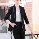 Pinstriped Blazer / Straight-cut Pants / Metal Fringe Camisole Top