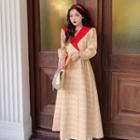Long-sleeve V-neck Double-breasted Plaid Midi A-line Dress Light Yellow - One Size