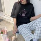 Round Neck Moon Print Short Sleeve T-shirt
