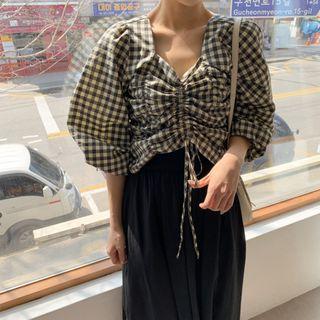 Balloon-sleeve Drawstring Gingham Top