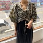 Balloon-sleeve Drawstring Gingham Top