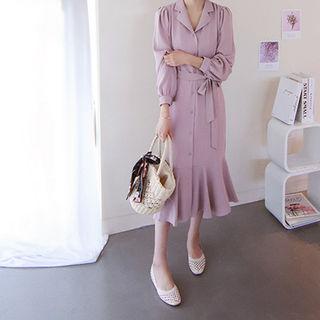Notched-lapel Ruffle-hem Shirtdress With Sash