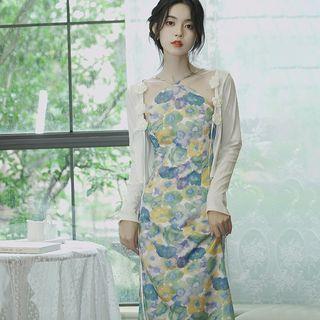 Spaghetti-strap Print Midi Sheath Dress / Cardigan / Set