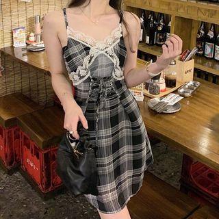 Lace Trim Plaid Spaghetti-strap Dress As Shown In Figure - One Size