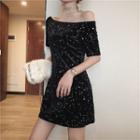 Off-shoulder Glitter Mini Sheath Dress Black - One Size