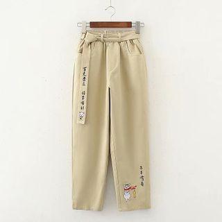 Cat Embroidered Straight Leg Pants