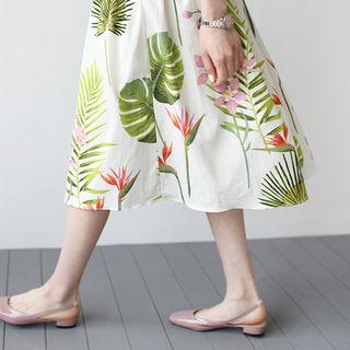 Linen Blend Floral Patterned A-line Skirt
