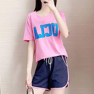 Set: Short-sleeve Lettering T-shirt + Piped Sweatshorts