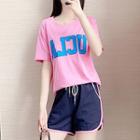 Set: Short-sleeve Lettering T-shirt + Piped Sweatshorts