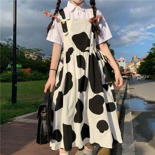 Milk Cow Print Midi A-line Overall Dress Black & Beige - One Size