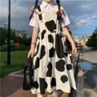 Milk Cow Print Midi A-line Overall Dress Black & Beige - One Size