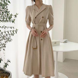 Puff Sleeve Notch Lapel Double Breast A-line Dress