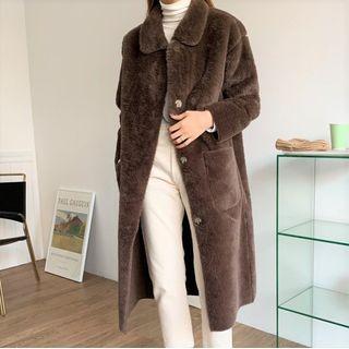 Plain Single-breasted Fluffy Coat Dark Coffee - One Size