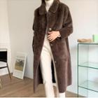 Plain Single-breasted Fluffy Coat Dark Coffee - One Size