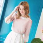 Elbow-sleeve Tulle Panel Embroidery Top