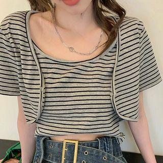 Mock Two-piece Short-sleeve Striped Crop Top Stripes - Black & Gray - One Size