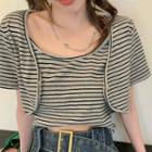 Mock Two-piece Short-sleeve Striped Crop Top Stripes - Black & Gray - One Size