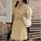 Elbow-sleeve Plaid Double-breasted A-line Blazer Dress