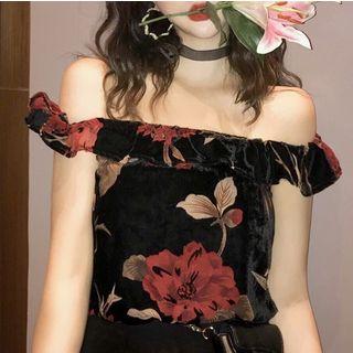 Off-shoulder Short-sleeve Floral Print Top As Shown In Figure - One Size