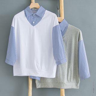 Mock Two-piece Striped 3/4-sleeve Shirt