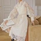 Long-sleeve Buttoned Lace A-line Midi Dress
