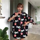 Apple Print Elbow-sleeve Shirt Dress
