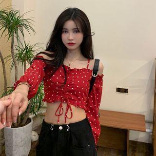 Drawstring Pattern Blouse Red - One Size