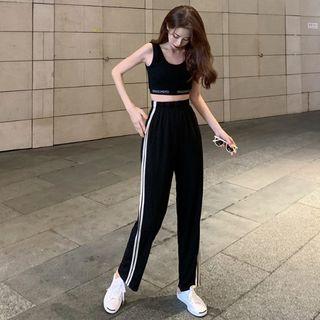 Letter Trim Cropped Tank Top / Wide-leg Sweatpants