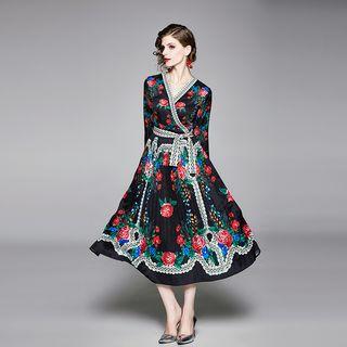 Long-sleeve Floral A-line Midi Pleated Dress