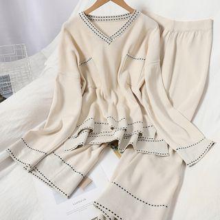 Set: Long-sleeve Embroidered Trim T-shirt + Wide Leg Pants