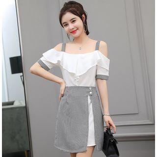 Set: Elbow-sleeve Cold Shoulder A-line Dress + Plaid Skirt