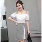 Set: Elbow-sleeve Cold Shoulder A-line Dress + Plaid Skirt