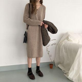 V-neck Knit Midi Dress As Shown In Figure - One Size