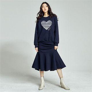 From Seoul Set: Heart Embroidered Sweatshirt + Mermaid Skirt